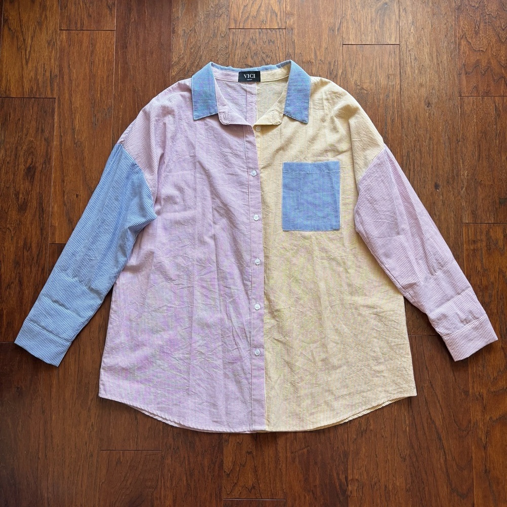 Vici Oversized Patchwork Pinstripe Button Down | … - image 1